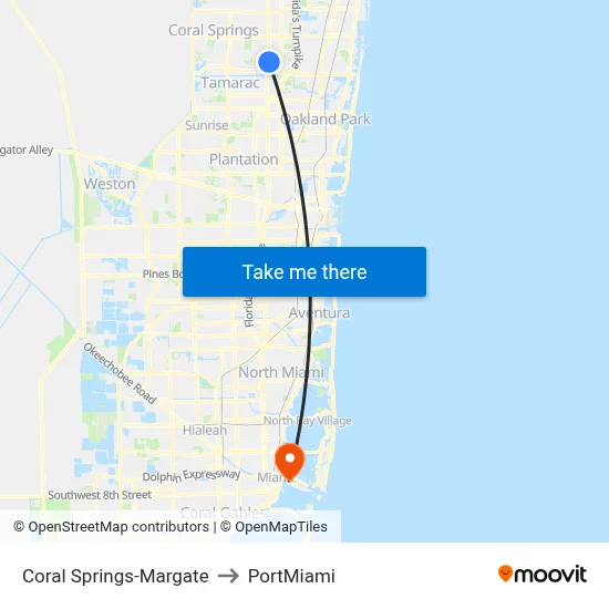 Coral Springs-Margate to PortMiami map