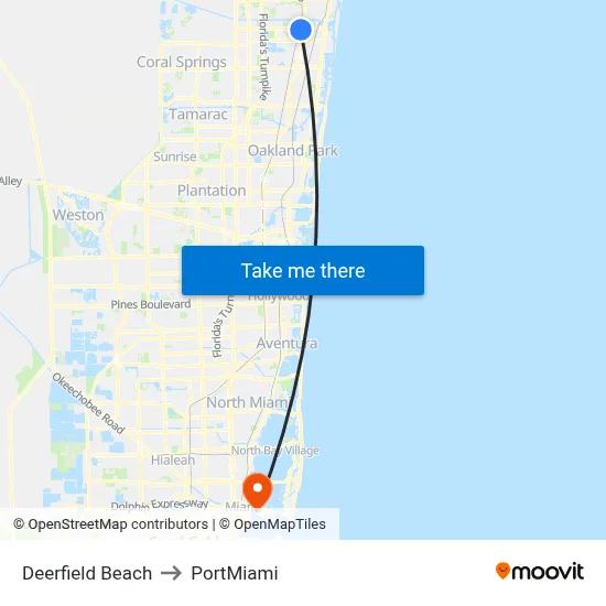 Deerfield Beach to PortMiami map