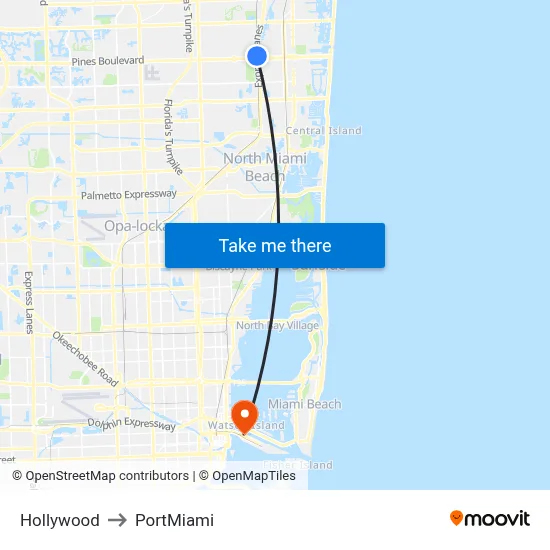 Hollywood to PortMiami map