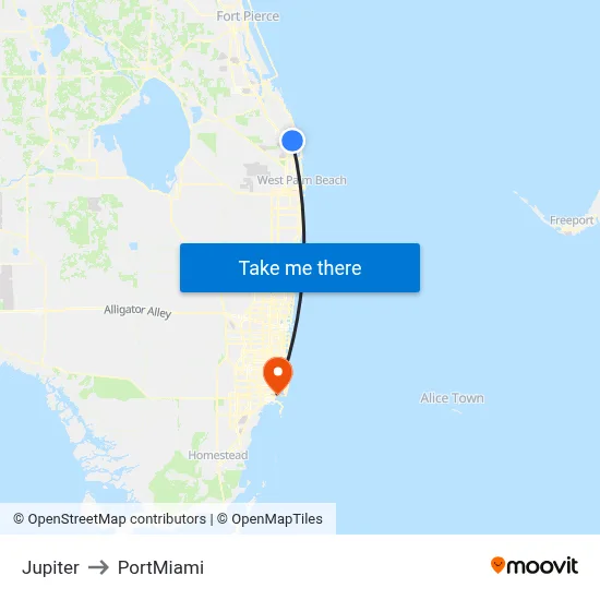 Jupiter to PortMiami map