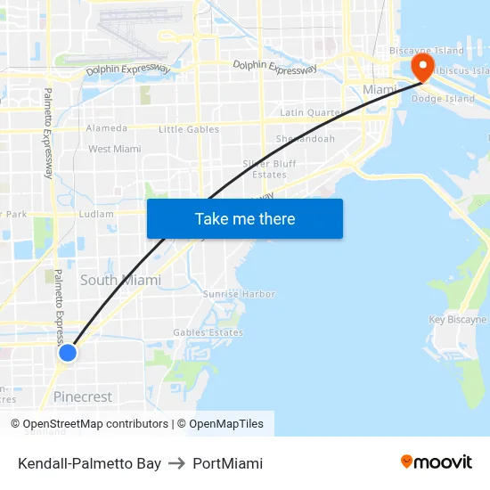 Kendall-Palmetto Bay to PortMiami map