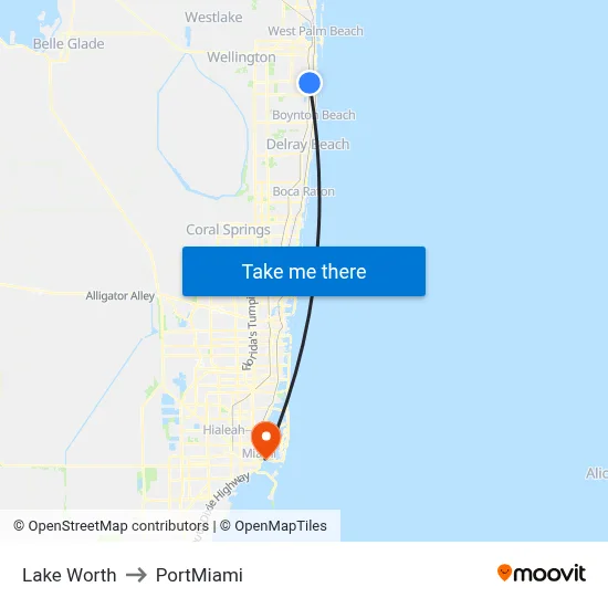 Lake Worth to PortMiami map