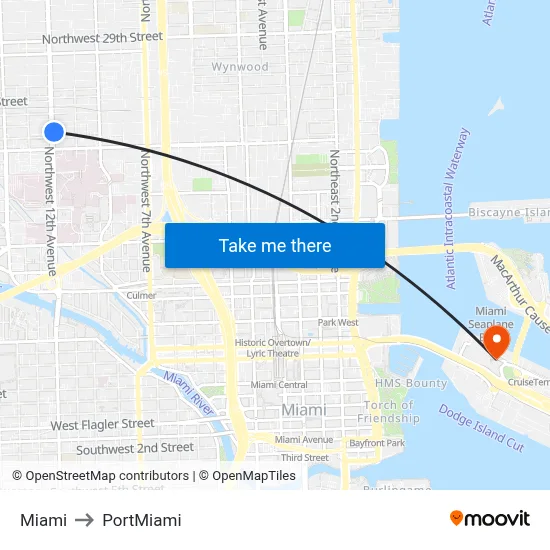 Miami to PortMiami map