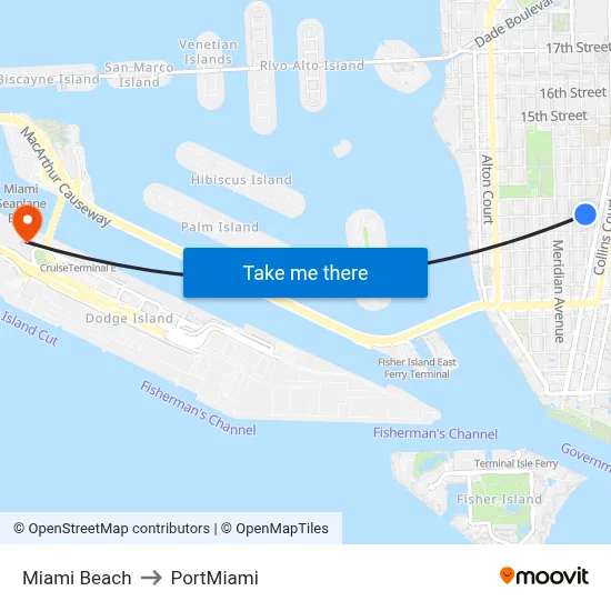 Miami Beach to PortMiami map