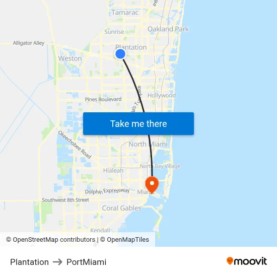 Plantation to PortMiami map