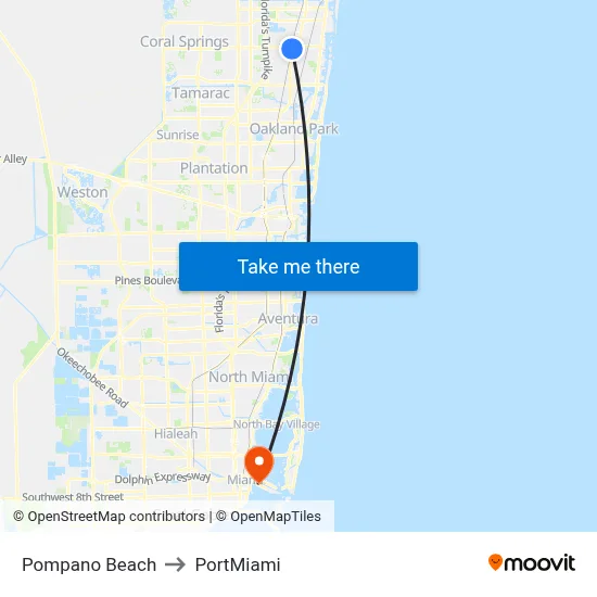 Pompano Beach to PortMiami map
