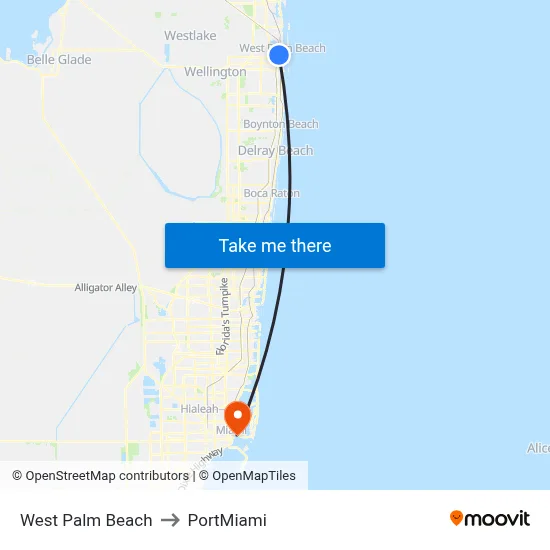 West Palm Beach to PortMiami map