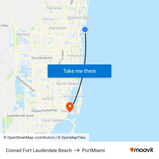 Conrad Fort Lauderdale Beach to PortMiami map