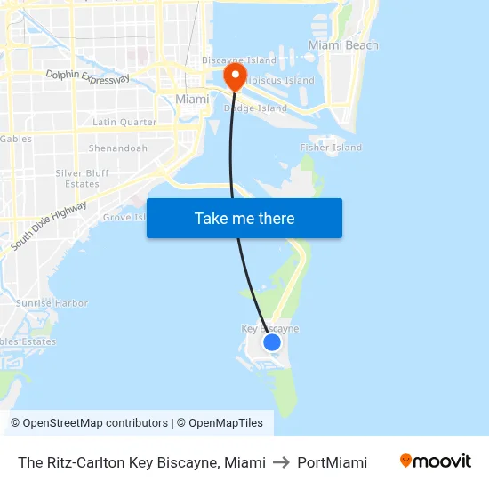 The Ritz-Carlton Key Biscayne, Miami to PortMiami map