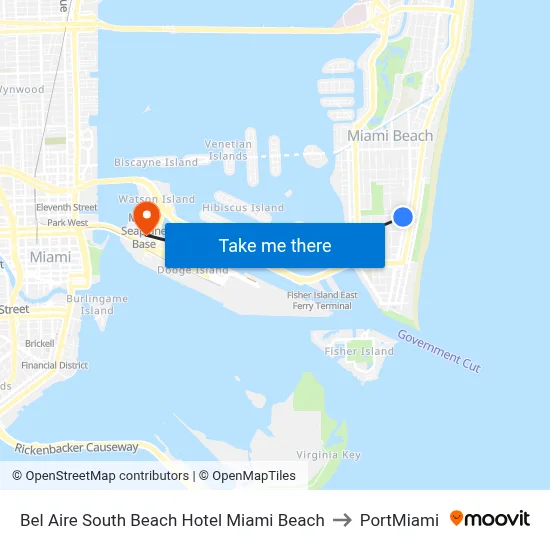 Bel Aire South Beach Hotel Miami Beach to PortMiami map