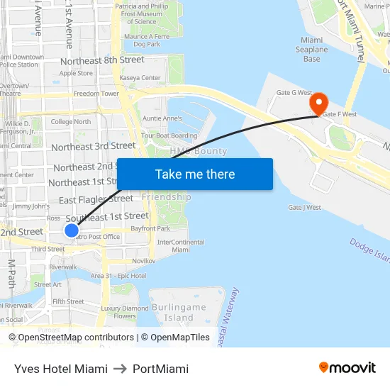 Yves Hotel Miami to PortMiami map