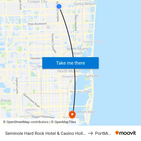 Seminole Hard Rock Hotel & Casino Hollywood to PortMiami map