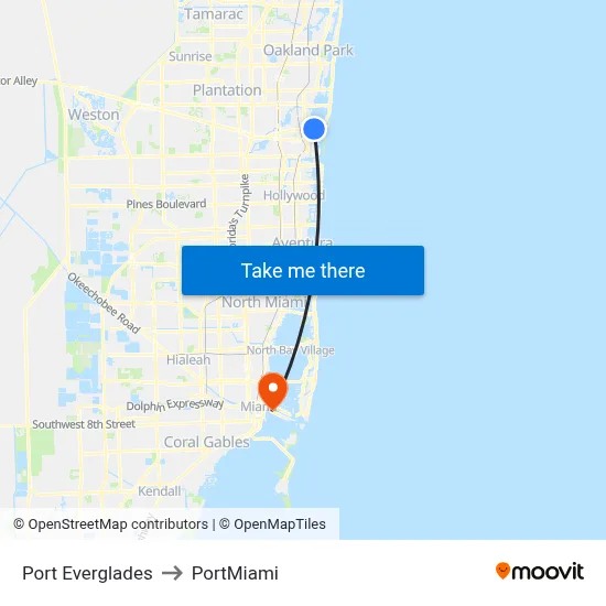 Port Everglades to PortMiami map