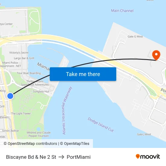 Biscayne Bd & Ne 2 St to PortMiami map