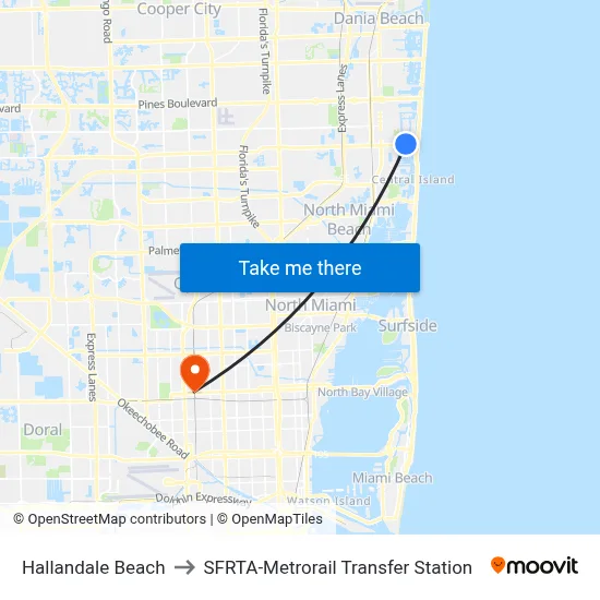 Hallandale Beach to SFRTA-Metrorail Transfer Station map