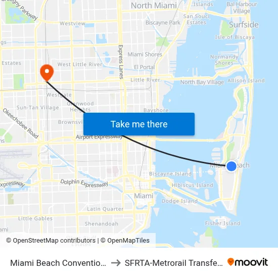 Miami Beach Convention Center to SFRTA-Metrorail Transfer Station map