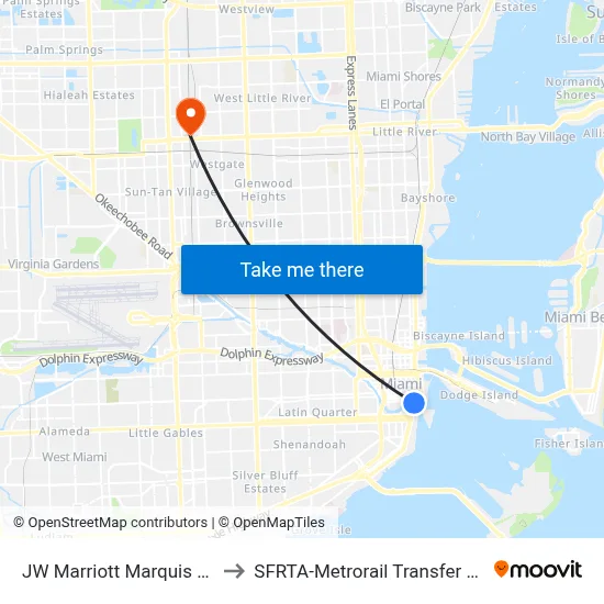 JW Marriott Marquis Miami to SFRTA-Metrorail Transfer Station map