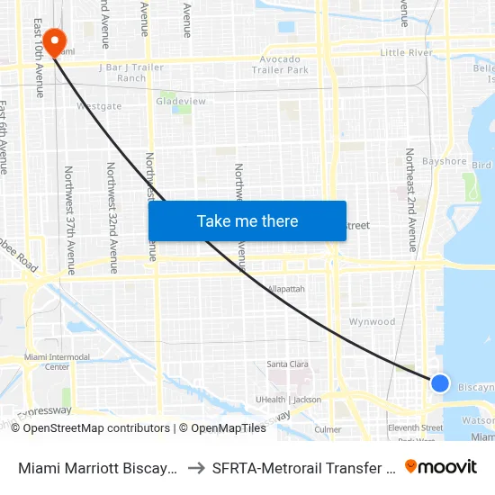 Miami Marriott Biscayne Bay to SFRTA-Metrorail Transfer Station map