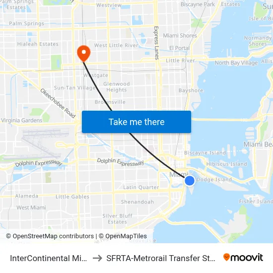 InterContinental Miami to SFRTA-Metrorail Transfer Station map