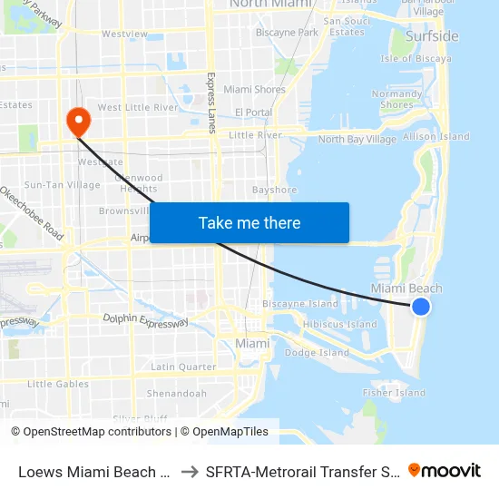 Loews Miami Beach Hotel to SFRTA-Metrorail Transfer Station map