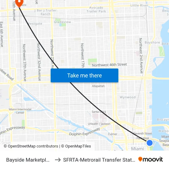 Bayside Marketplace to SFRTA-Metrorail Transfer Station map