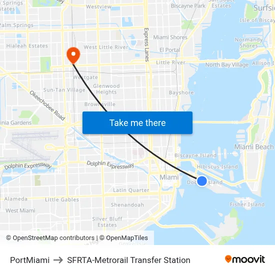 PortMiami to SFRTA-Metrorail Transfer Station map