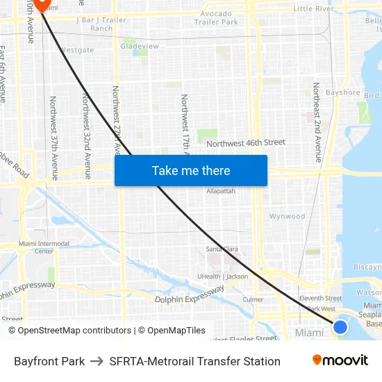 Bayfront Park to SFRTA-Metrorail Transfer Station map