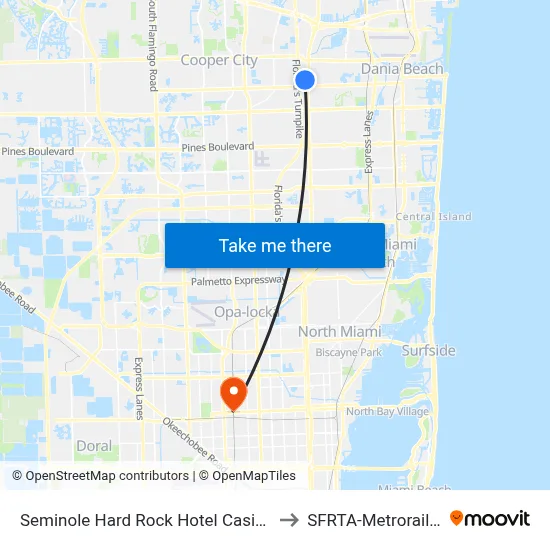 Seminole Hard Rock Hotel Casino Hollywood Fort Lauderdale to SFRTA-Metrorail Transfer Station map