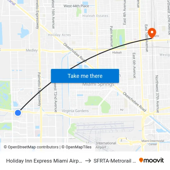 Holiday Inn Express Miami Airport Doral Area an IHG Hotel to SFRTA-Metrorail Transfer Station map