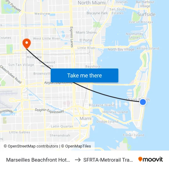 Marseilles Beachfront Hotel Miami Beach to SFRTA-Metrorail Transfer Station map