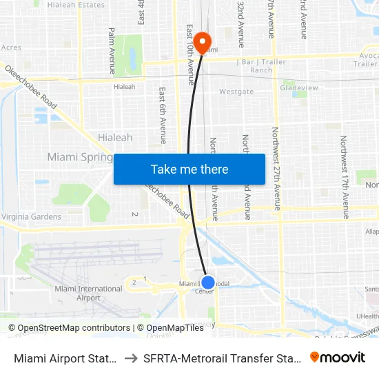 Miami Airport Station to SFRTA-Metrorail Transfer Station map