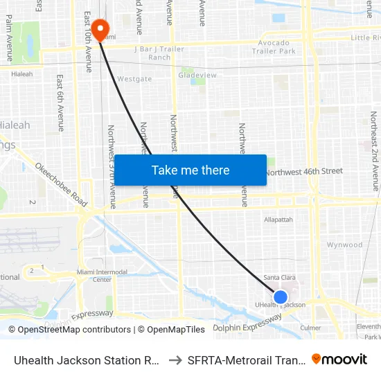 Uhealth Jackson Station Rail Northbound to SFRTA-Metrorail Transfer Station map