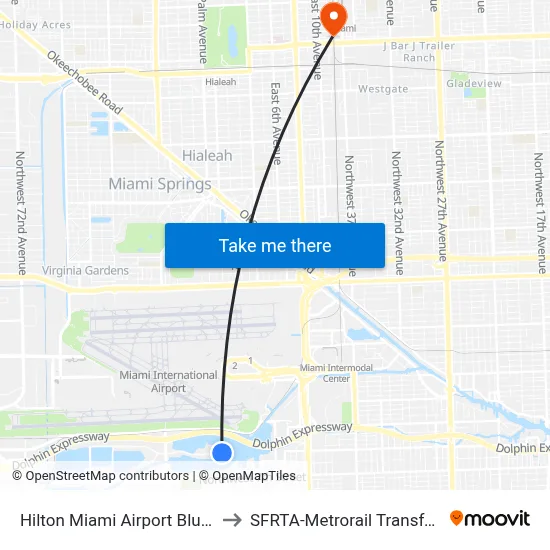Hilton Miami Airport Blue Lagoon to SFRTA-Metrorail Transfer Station map