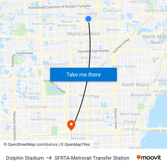 Dolphin Stadium to SFRTA-Metrorail Transfer Station map