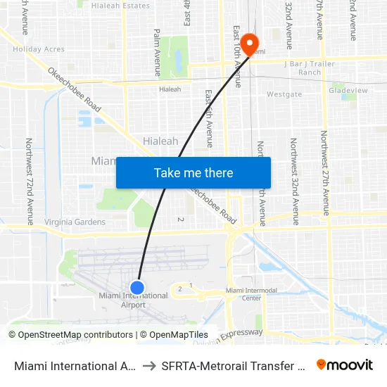 Miami International Airport to SFRTA-Metrorail Transfer Station map