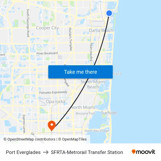 Port Everglades to SFRTA-Metrorail Transfer Station map