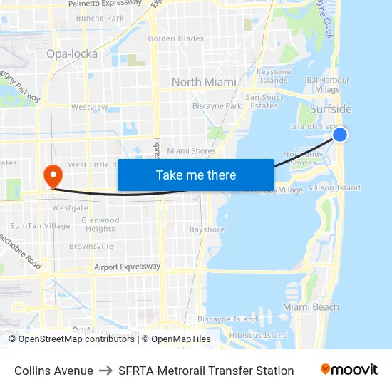 Collins Avenue to SFRTA-Metrorail Transfer Station map