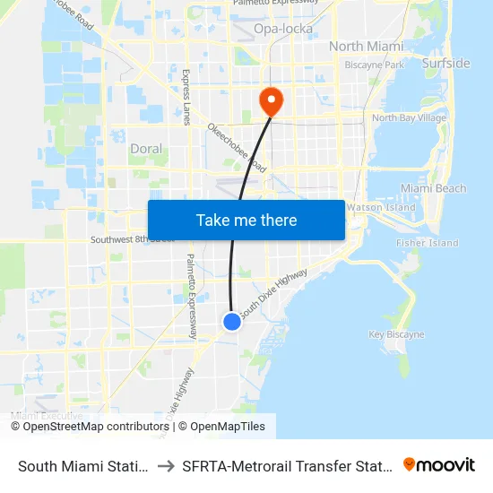 South Miami Station to SFRTA-Metrorail Transfer Station map
