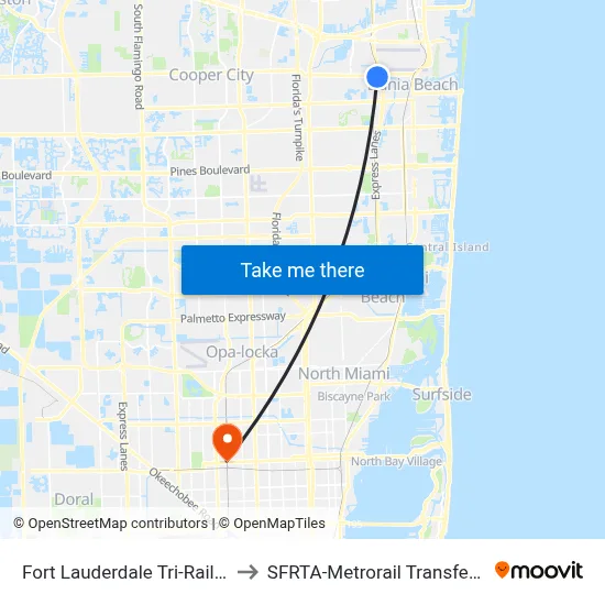 Fort Lauderdale Tri-Rail Station to SFRTA-Metrorail Transfer Station map
