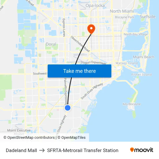 Dadeland Mall to SFRTA-Metrorail Transfer Station map