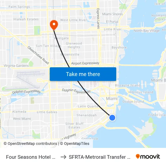 Four Seasons Hotel Miami to SFRTA-Metrorail Transfer Station map