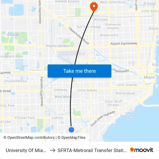 University Of Miami to SFRTA-Metrorail Transfer Station map