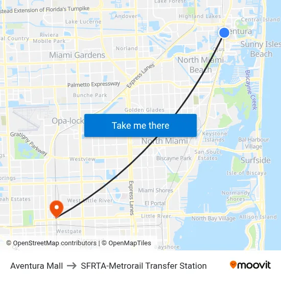 Aventura Mall to SFRTA-Metrorail Transfer Station map