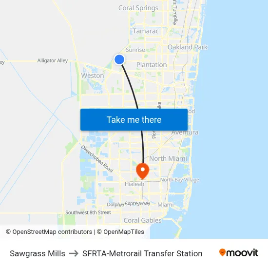 Sawgrass Mills to SFRTA-Metrorail Transfer Station map