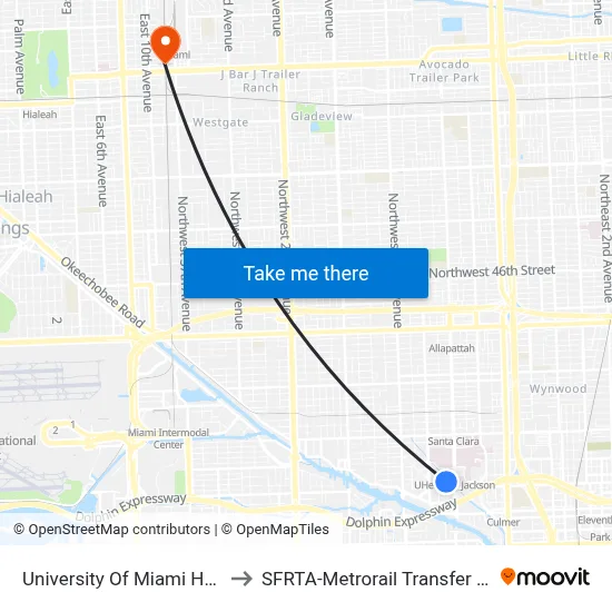 University Of Miami Hospital to SFRTA-Metrorail Transfer Station map