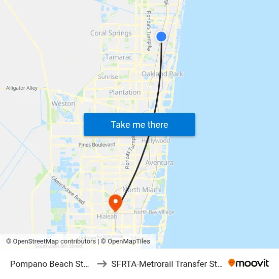 Pompano Beach Station to SFRTA-Metrorail Transfer Station map