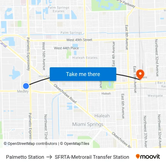 Palmetto Station to SFRTA-Metrorail Transfer Station map