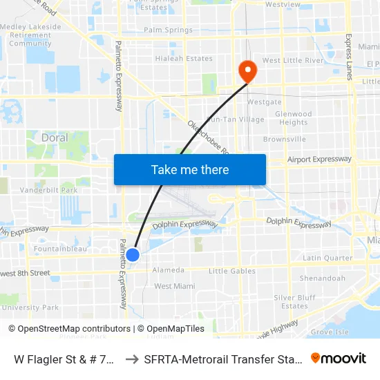 W Flagler St & # 7400 to SFRTA-Metrorail Transfer Station map