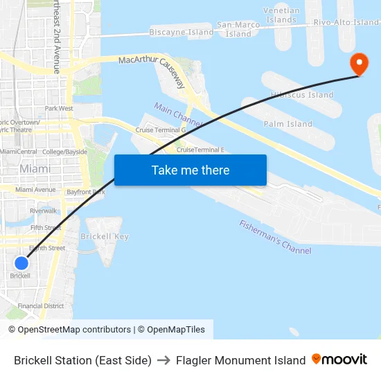 Brickell Station (East Side) to Flagler Monument Island map
