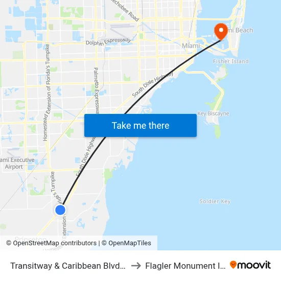 Transitway & Caribbean Blvd Station to Flagler Monument Island map